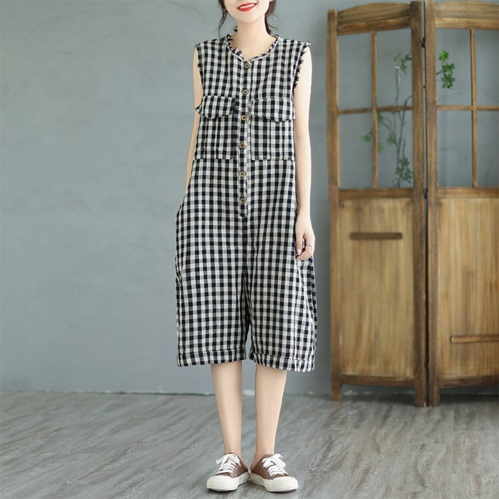 Linen Rompers with Shorts, Black and White Plaid Rompers, Rompers Women Summer